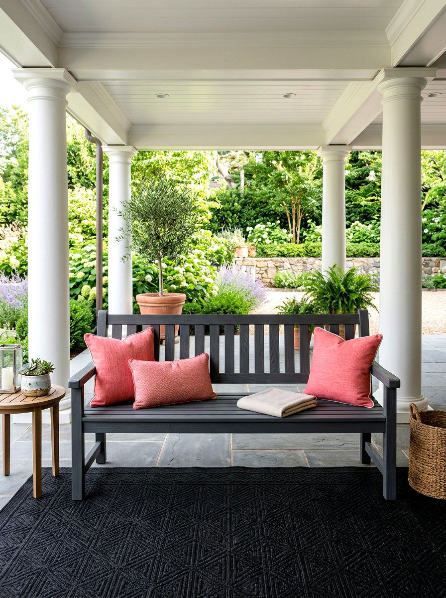 Gray Slatted Bench - 30 front porch bench ideas