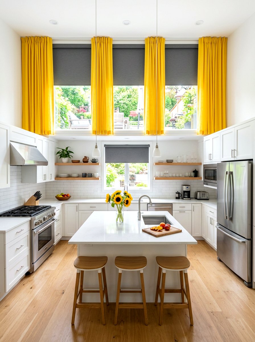 Gray Solar Shade With Yellow Curtains - 30 blind and curtain combo ideas