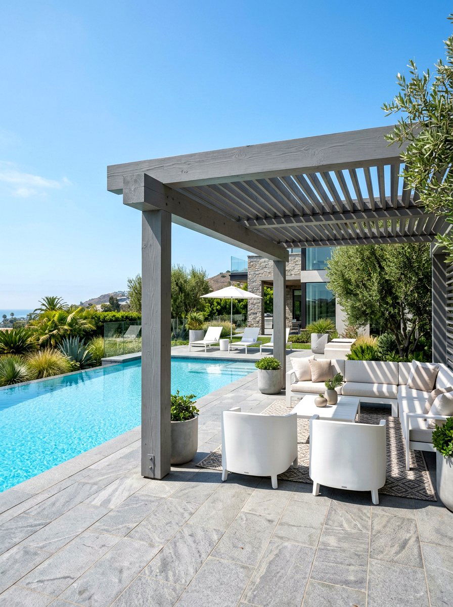 Gray Stained Pergola - 30 poolside pergola ideas