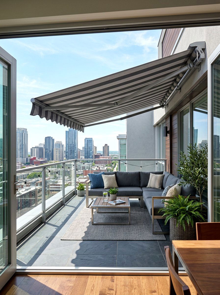 Gray Striped Retractable Scalloped Awning - 30 scalloped awning ideas