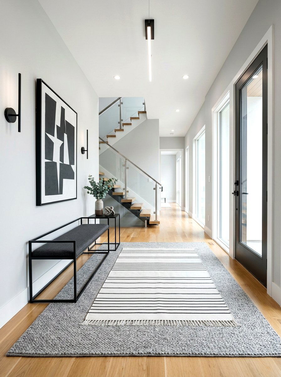 Gray Textured Rug With White Stripes - 30 entrance rug layering ideas