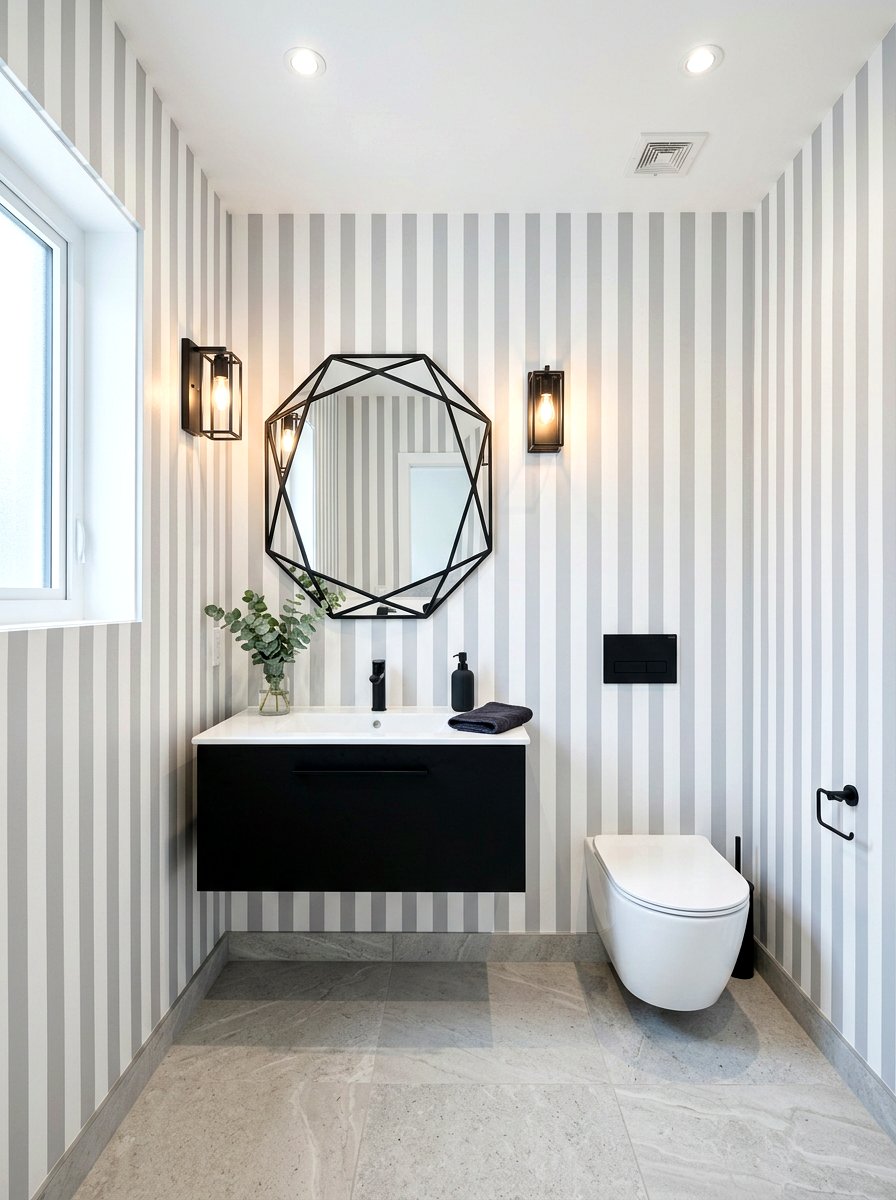 Gray White Modern Stripe Wall - 30 stripe powder bath ideas
