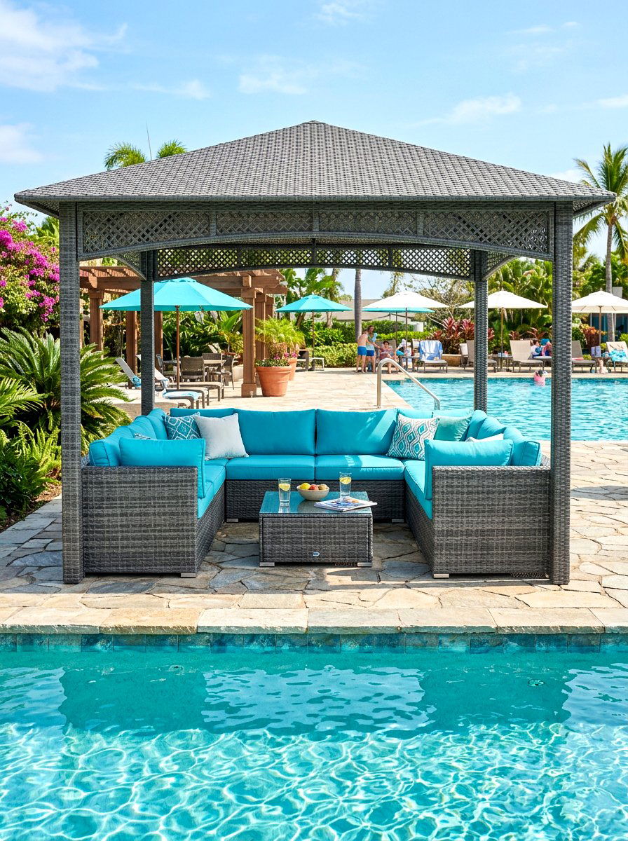 Gray Wicker Sectional Cabana - 30 poolside daybed cabana ideas