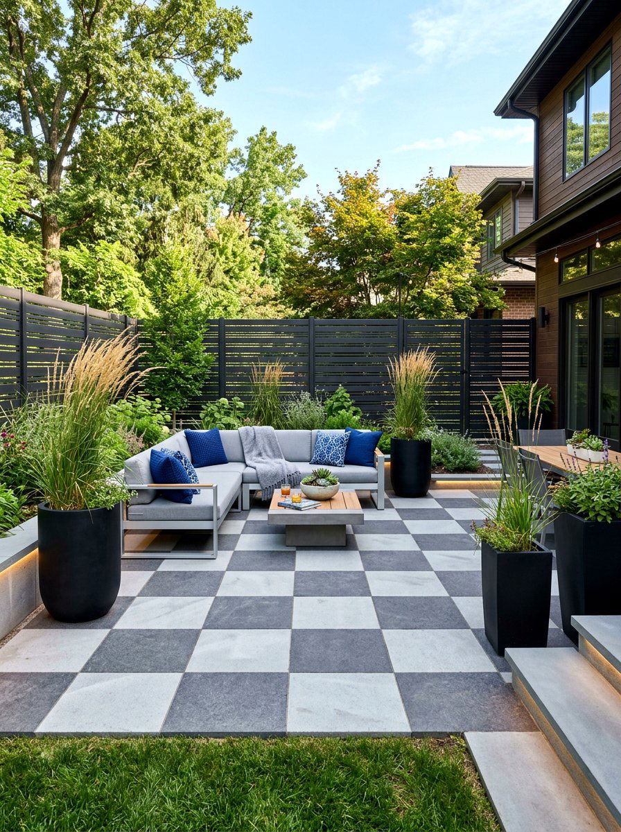 Gray and charcoal stone pavers - 30 checkerboard patio paver ideas