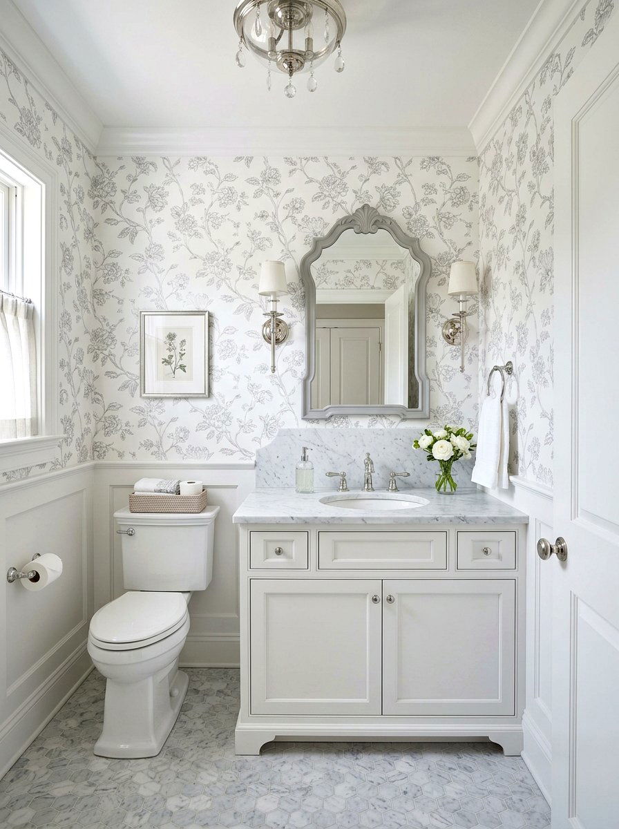 Gray and white floral wallpaper - 30 floral wallpaper powder room ideas