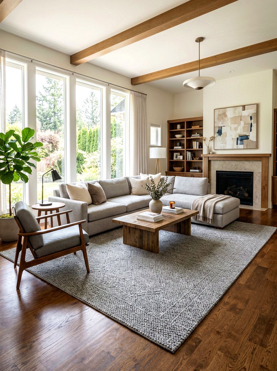 Gray area rug on hardwood floor - 30 warm gray and wood living room ideas