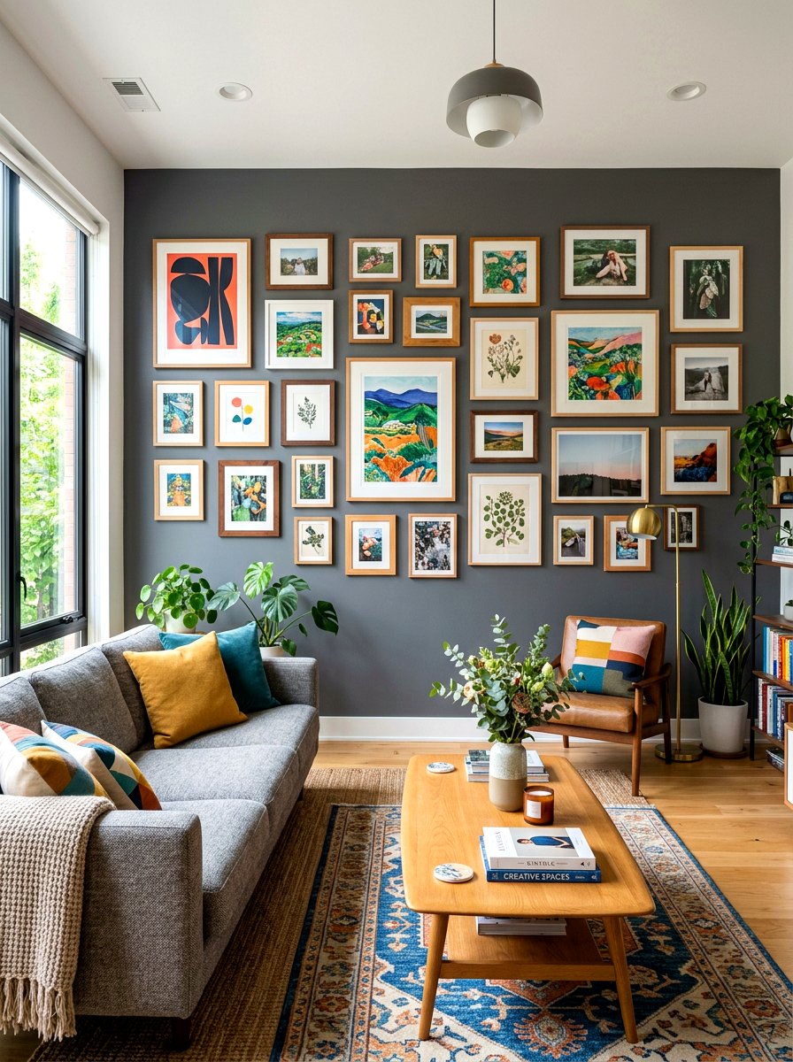 Gray gallery wall with wood frames - 30 warm gray and wood living room ideas