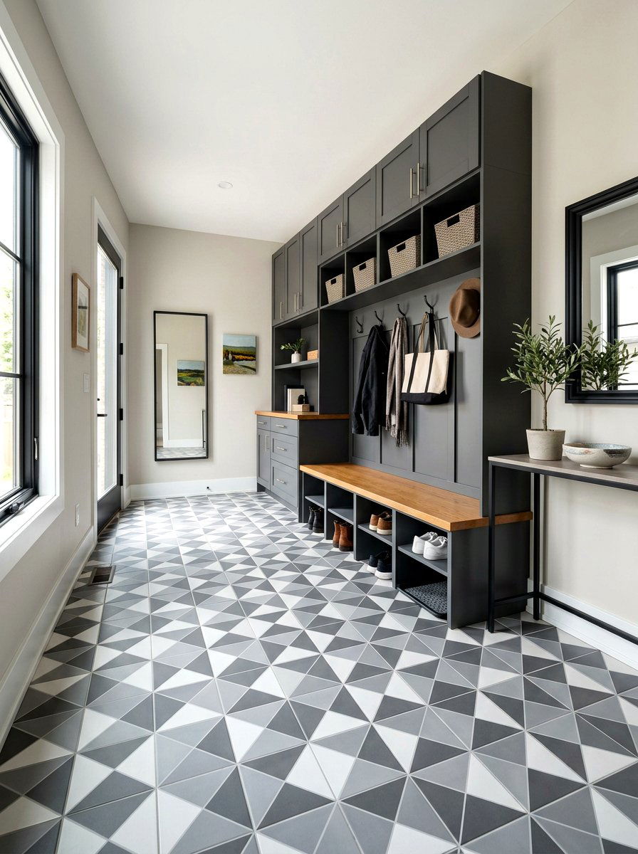 Gray geometric porcelain tile - 30 patterned mudroom tile ideas