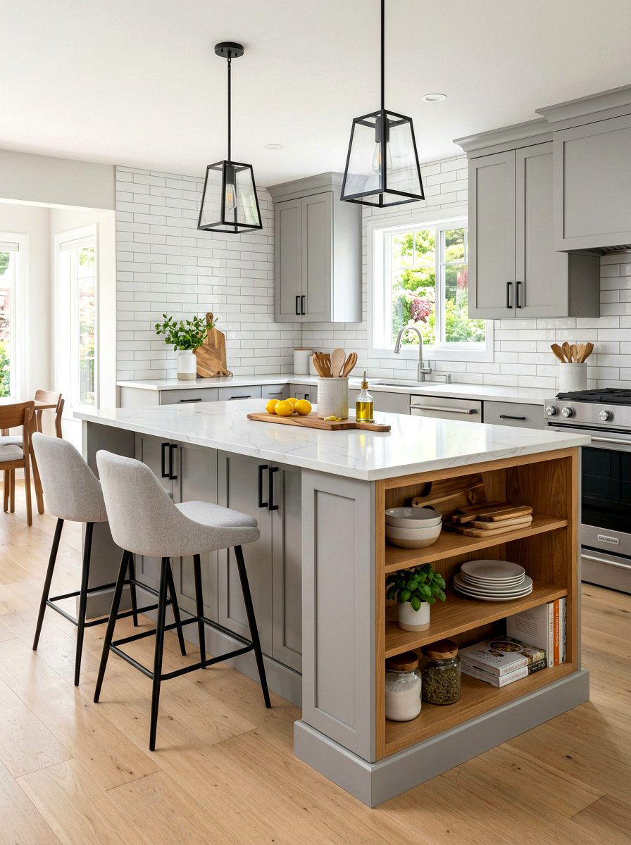 Gray kitchen island with oak shelves - 30 island bookshelf ideas