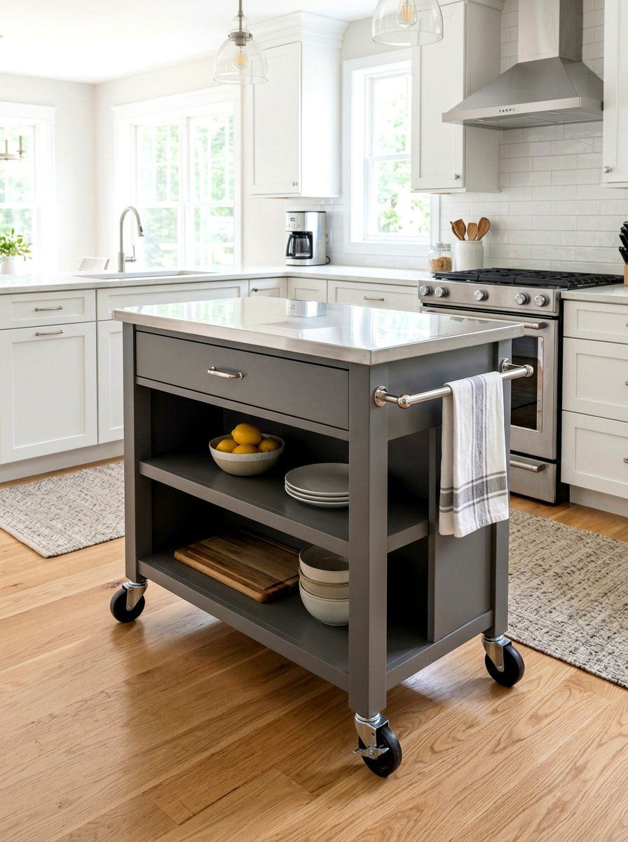 Gray kitchen island with towel bar and casters - 30 movable kitchen island ideas