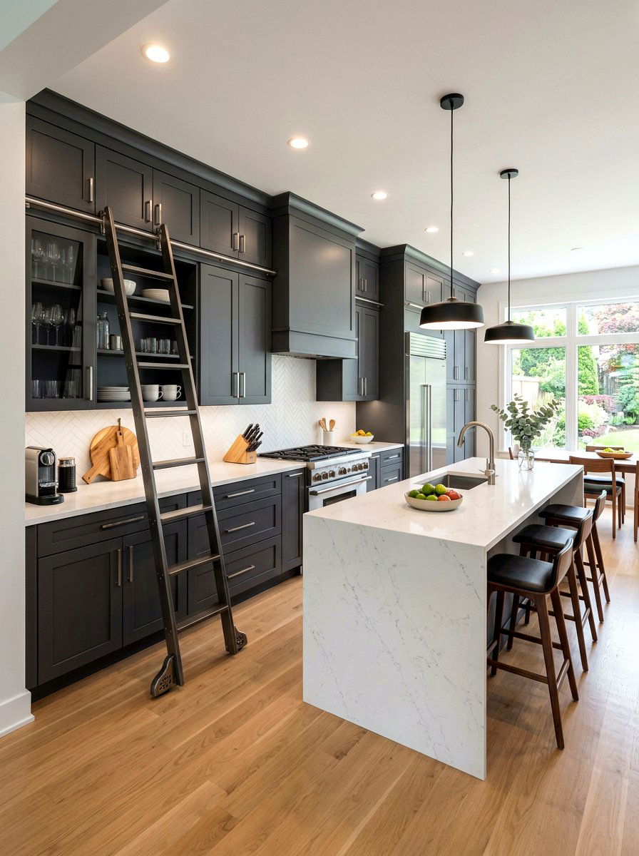 Gray kitchen with metal ladder - 30 library ladder kitchen ideas
