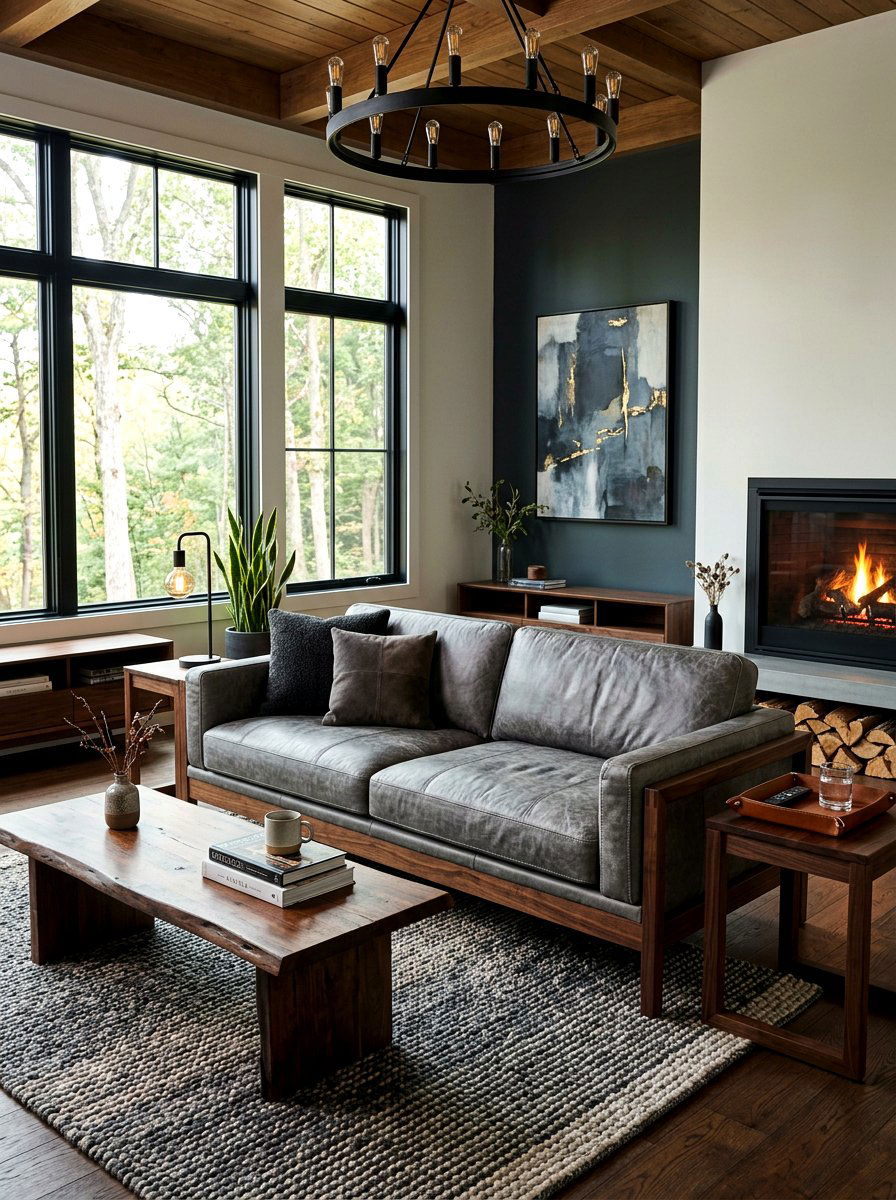 Gray leather couch with wood frame - 30 warm gray and wood living room ideas