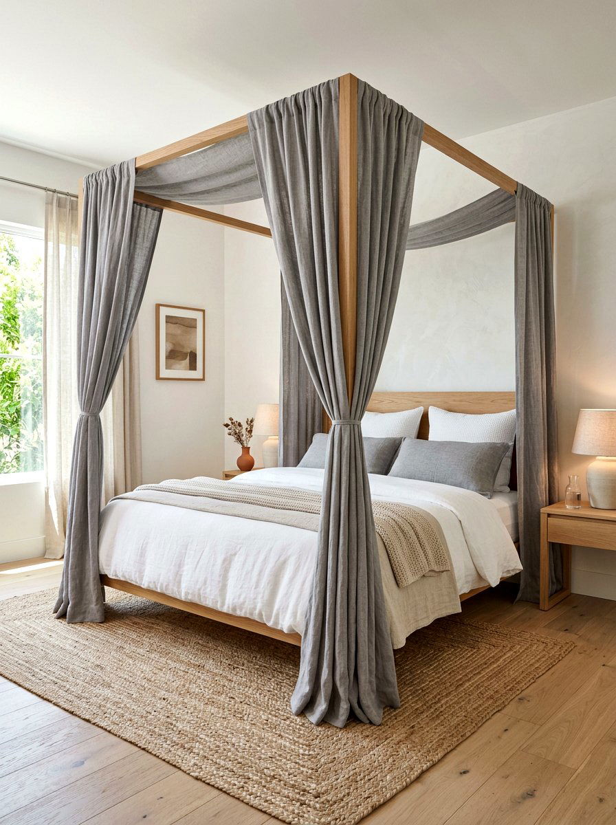 Gray linen canopy bed - 30 draped canopy bed ideas
