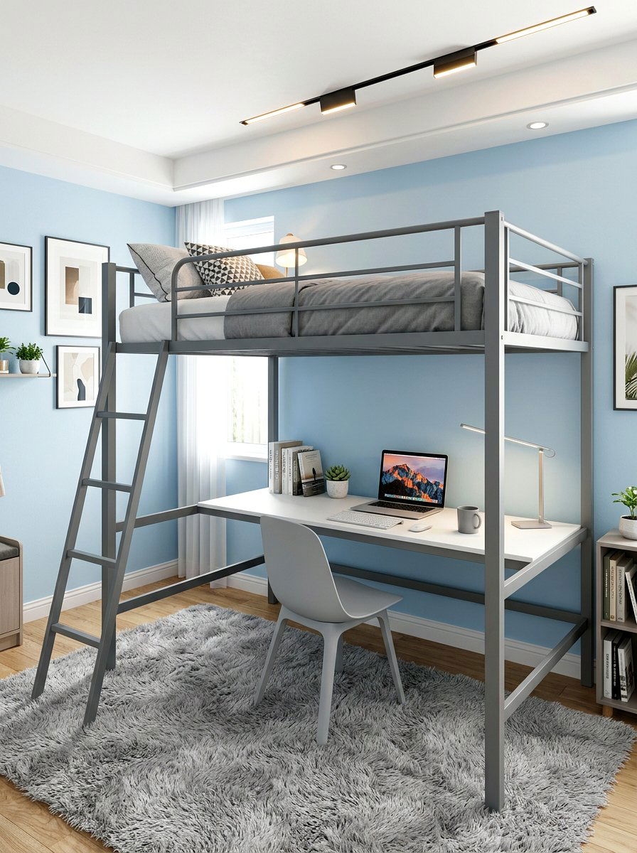Gray loft bed with study space - 30 loft bed office combo ideas