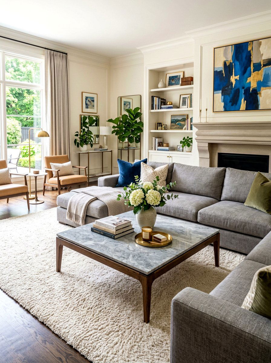 Gray marble and wood coffee table - 30 warm gray and wood living room ideas