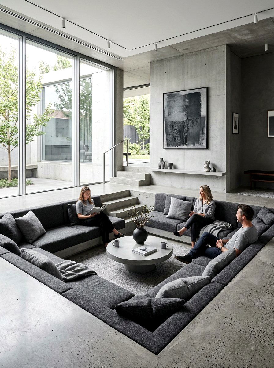 Gray monochromatic sunken lounge - 30 sunken conversation pit ideas