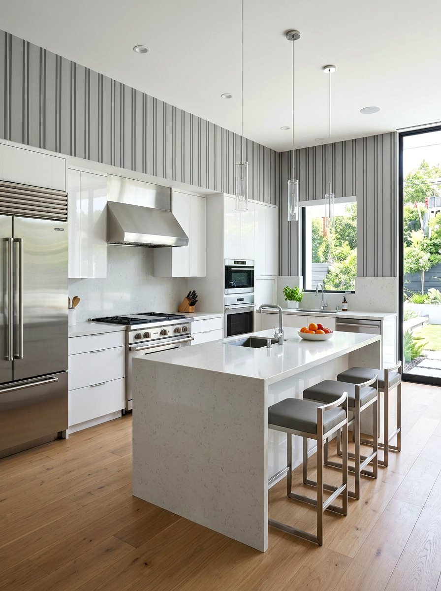 Gray pinstripe modern kitchen - 30 striped kitchen wallpaper ideas