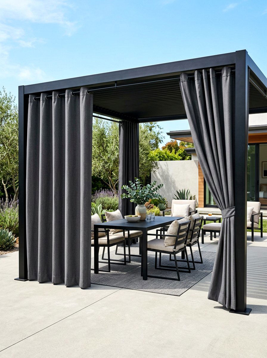 Gray privacy curtains - 30 pergola curtain ideas