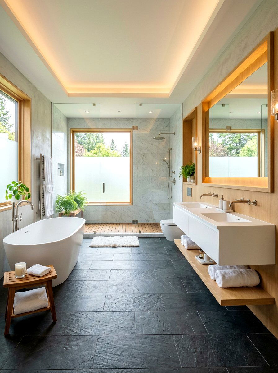Gray slate bathroom floor - 30 niche tile contrast ideas