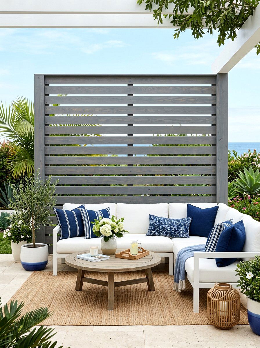 Gray stained slatted privacy screen - 30 porch slat wall ideas