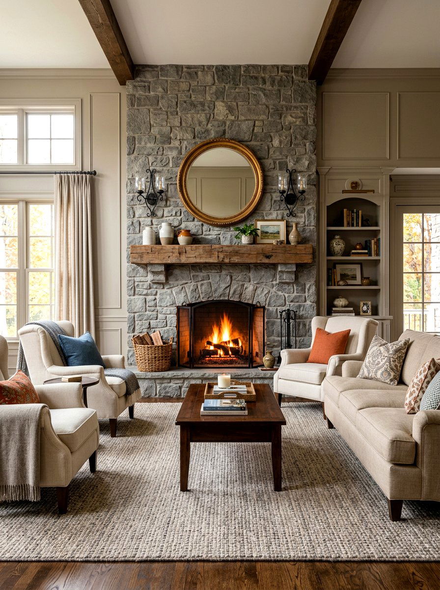 Gray stone fireplace with wood mantel - 30 warm gray and wood living room ideas
