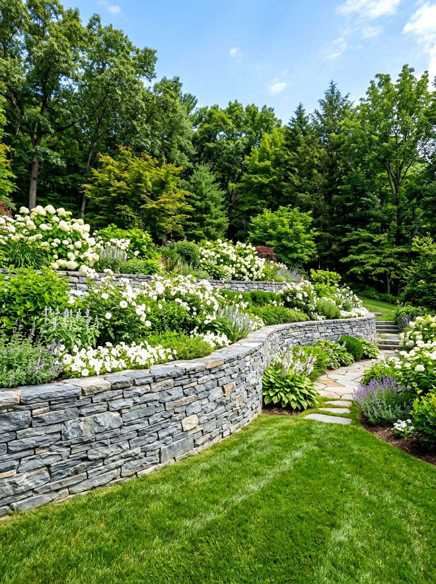 Gray stone retaining wall - 30 neutral backyard styling ideas