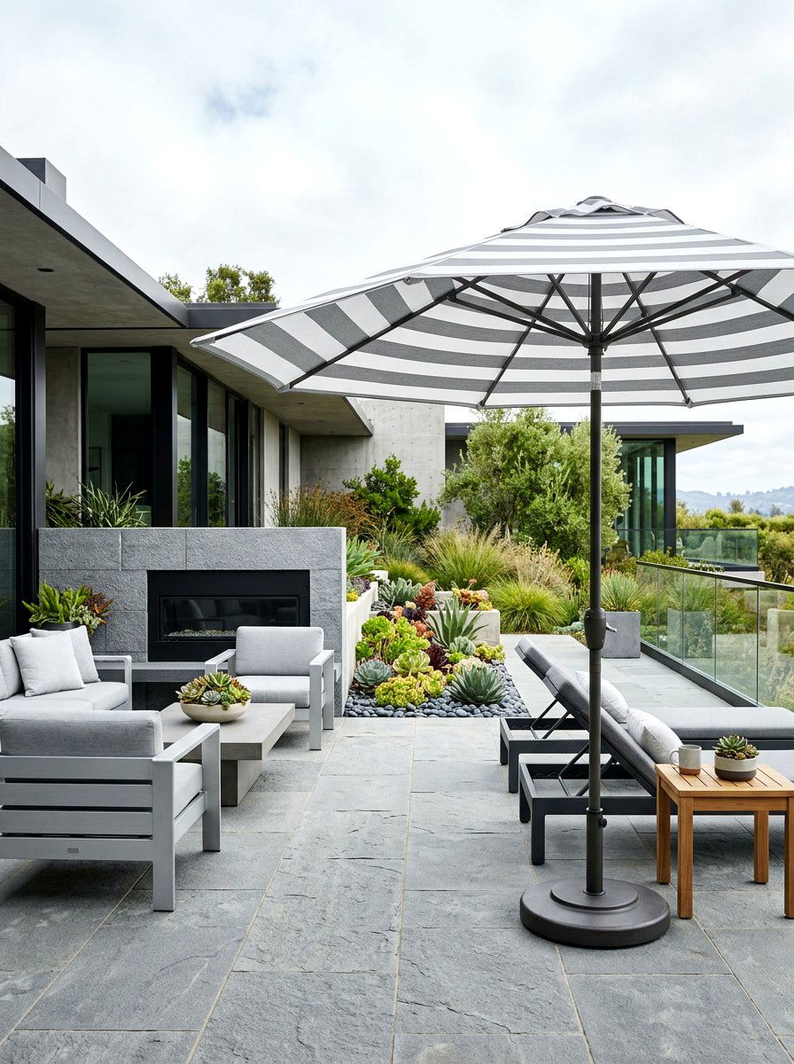 Gray striped umbrella - 30 striped umbrella patio decor ideas
