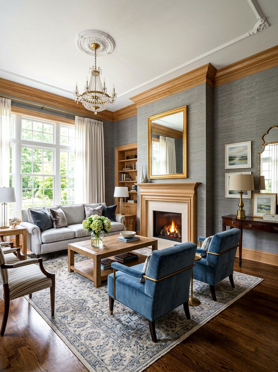Gray textured wallpaper with wood trim - 30 warm gray and wood living room ideas