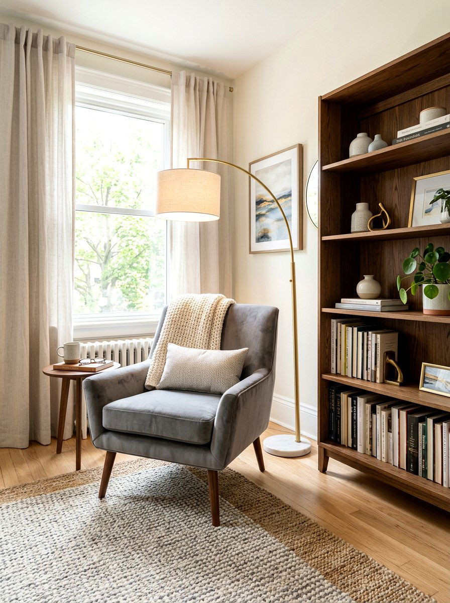 Gray velvet chair with wood legs - 30 warm gray and wood living room ideas