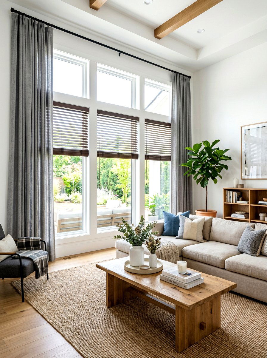 Gray window treatments with wood blinds - 30 warm gray and wood living room ideas