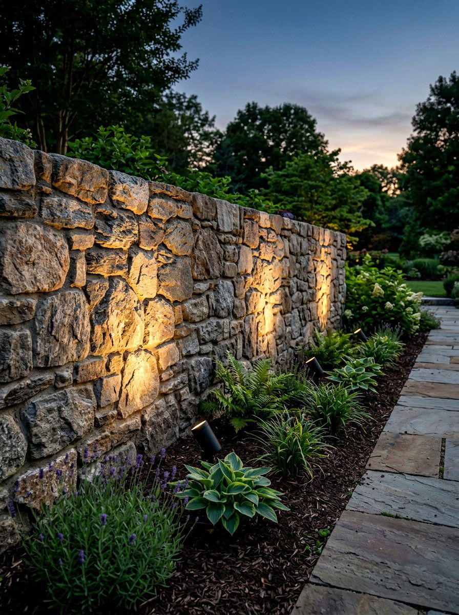 Grazing light for stone wall - 30 landscape lighting ideas