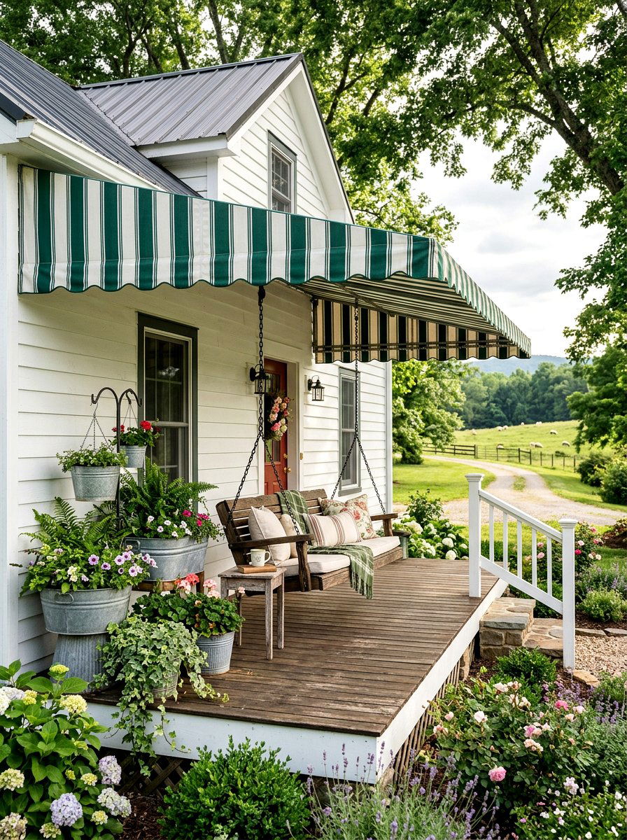 Green And White Farmhouse Striped Awning - 30 striped awning front porch ideas