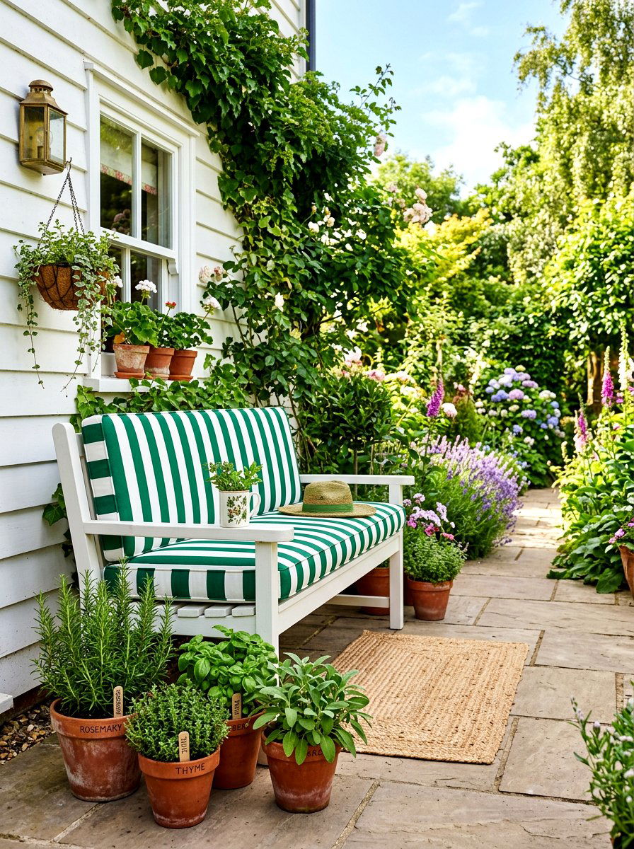 Green And White Striped Porch Bench - 30 striped outdoor cushion porch ideas