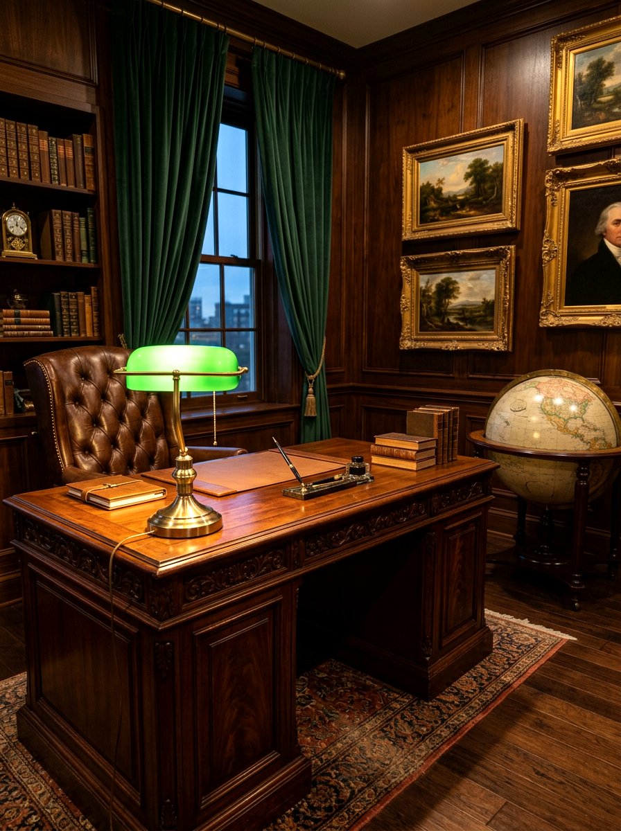 Green Banker Lamp Executive Desk - 30 lamp lit office ideas