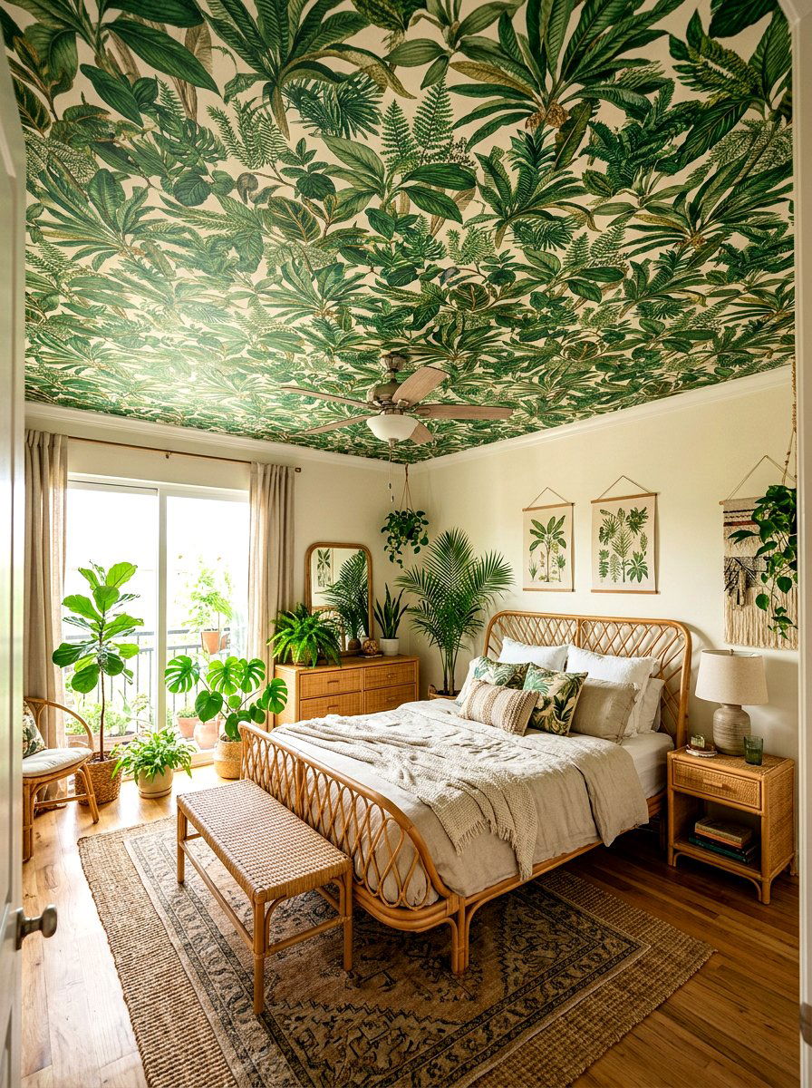 Green Botanical Print - 30 ceiling wallpaper bedroom ideas