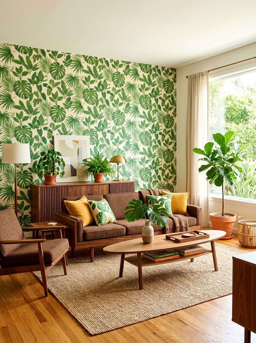 Green Botanical Print Wallpaper With Mid Century Brown Furniture - 30 forest green and brown living room ideas