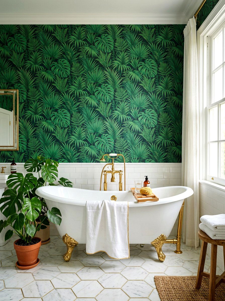 Green Botanical Wallpaper - 30 dopamine bathroom ideas