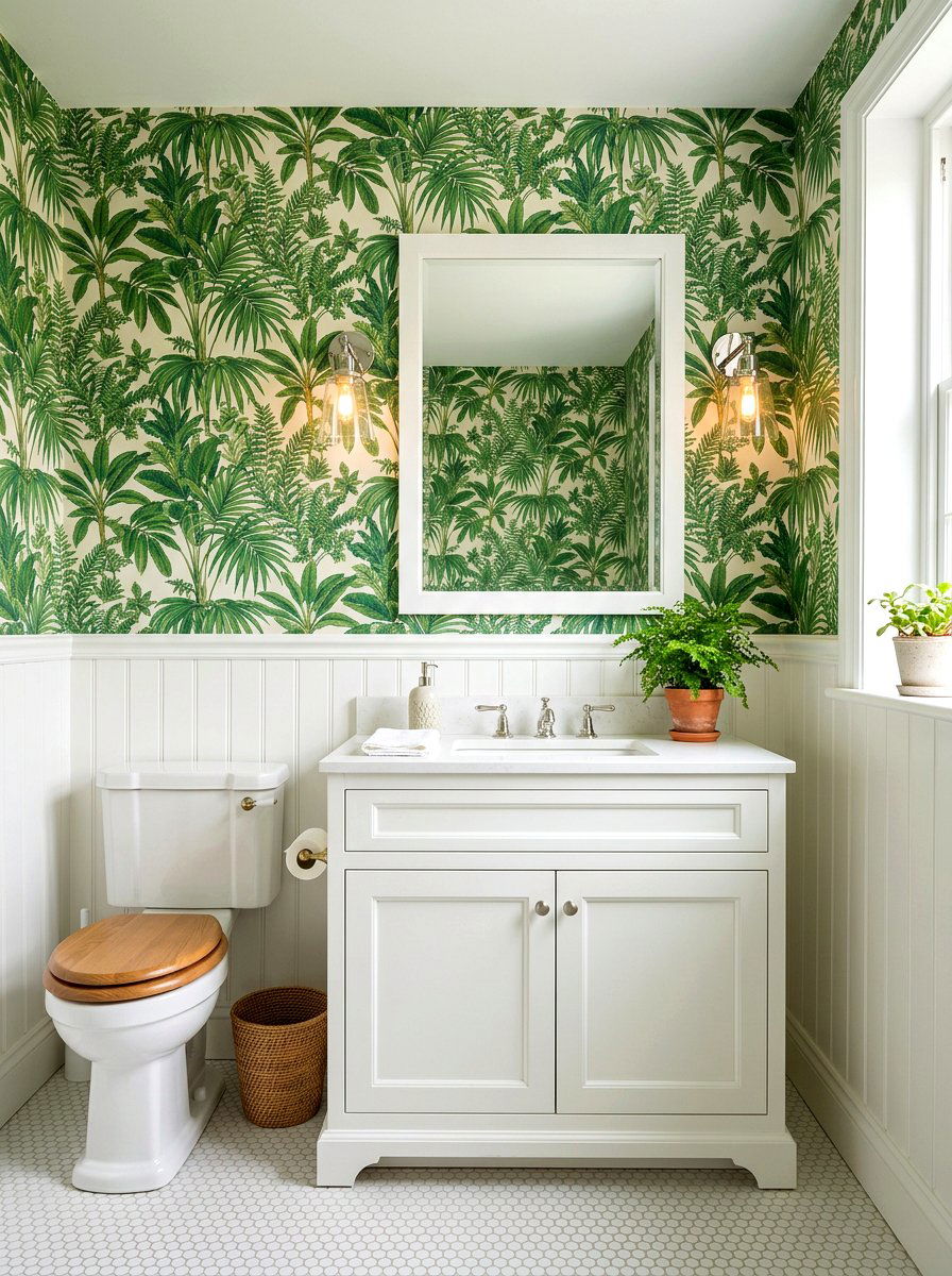 Green Botanical Wallpaper Bathroom - 30 green and white bathroom ideas