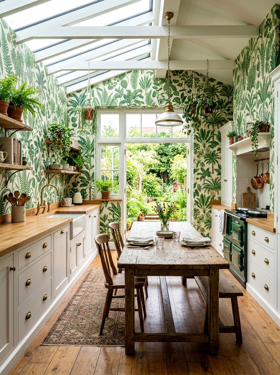 Green Botanical Wallpaper - 30 cabbagecore kitchen ideas