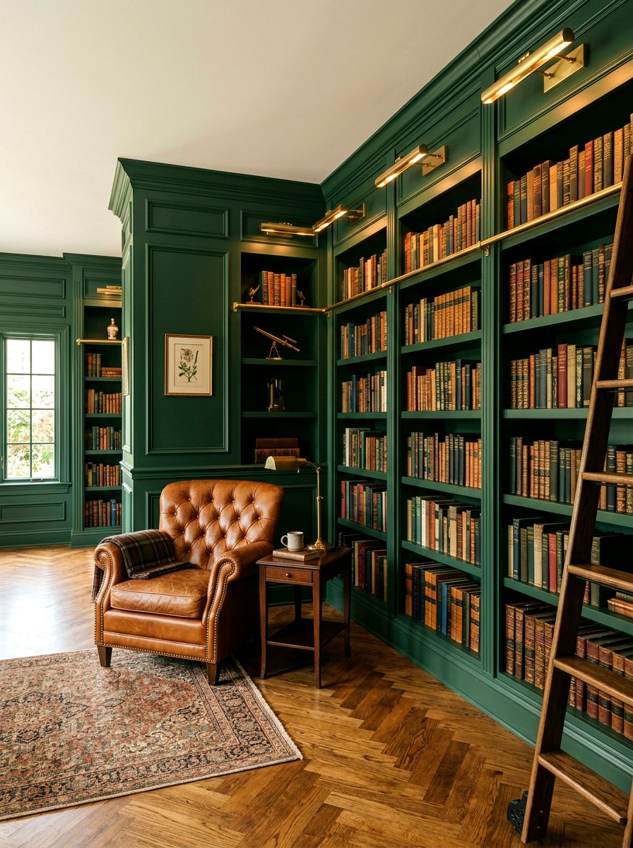Green Built In Library Shelves - 30 paneled library ideas