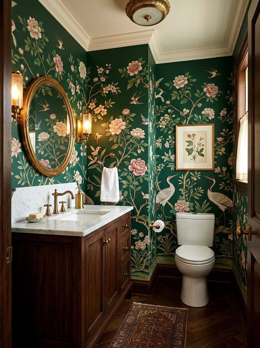 Green Floral Chinoiserie Powder Room - 30 chinoiserie powder room ideas