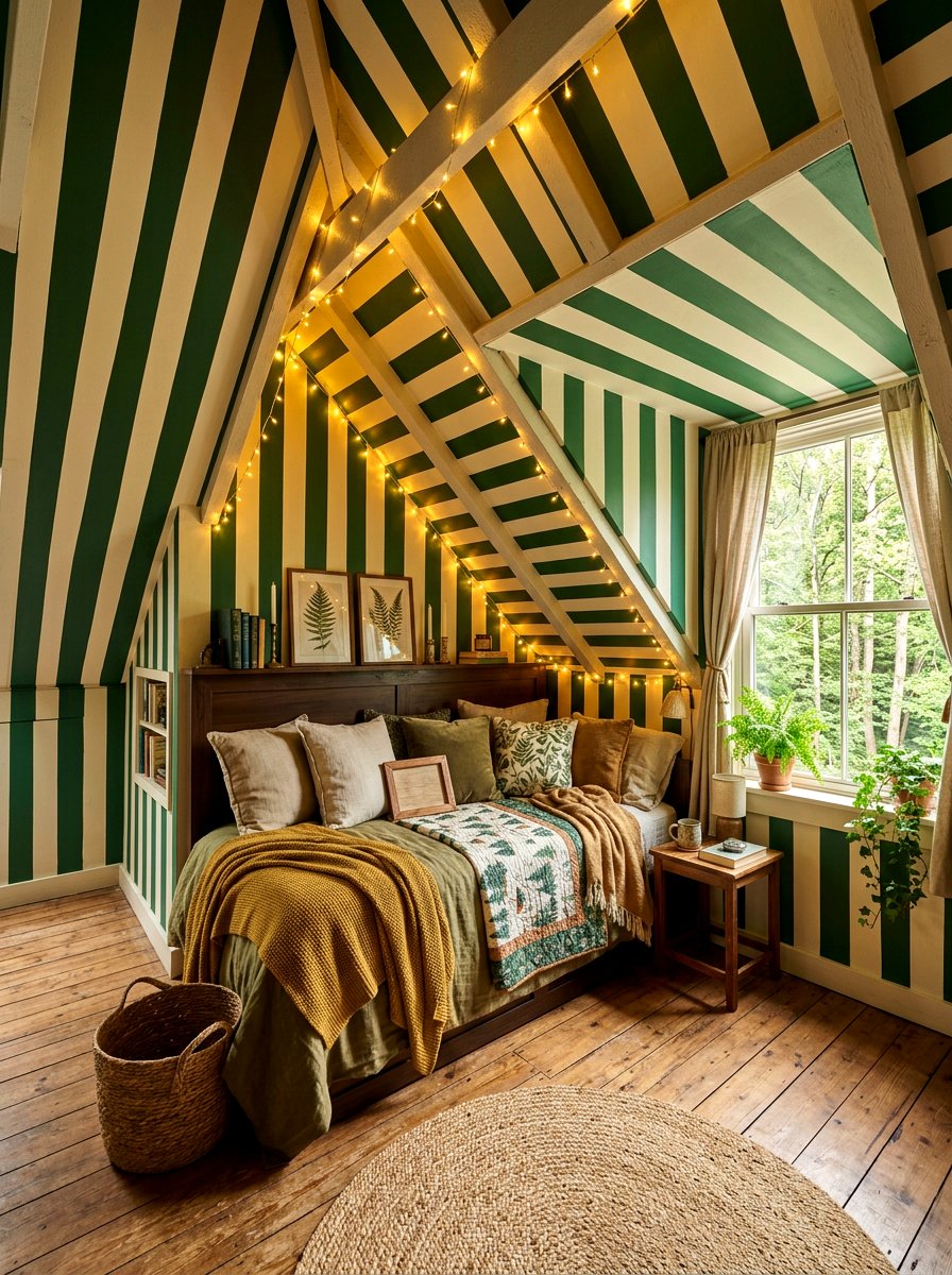 Green Forest Stripe Attic Room - 30 stripe drench room ideas
