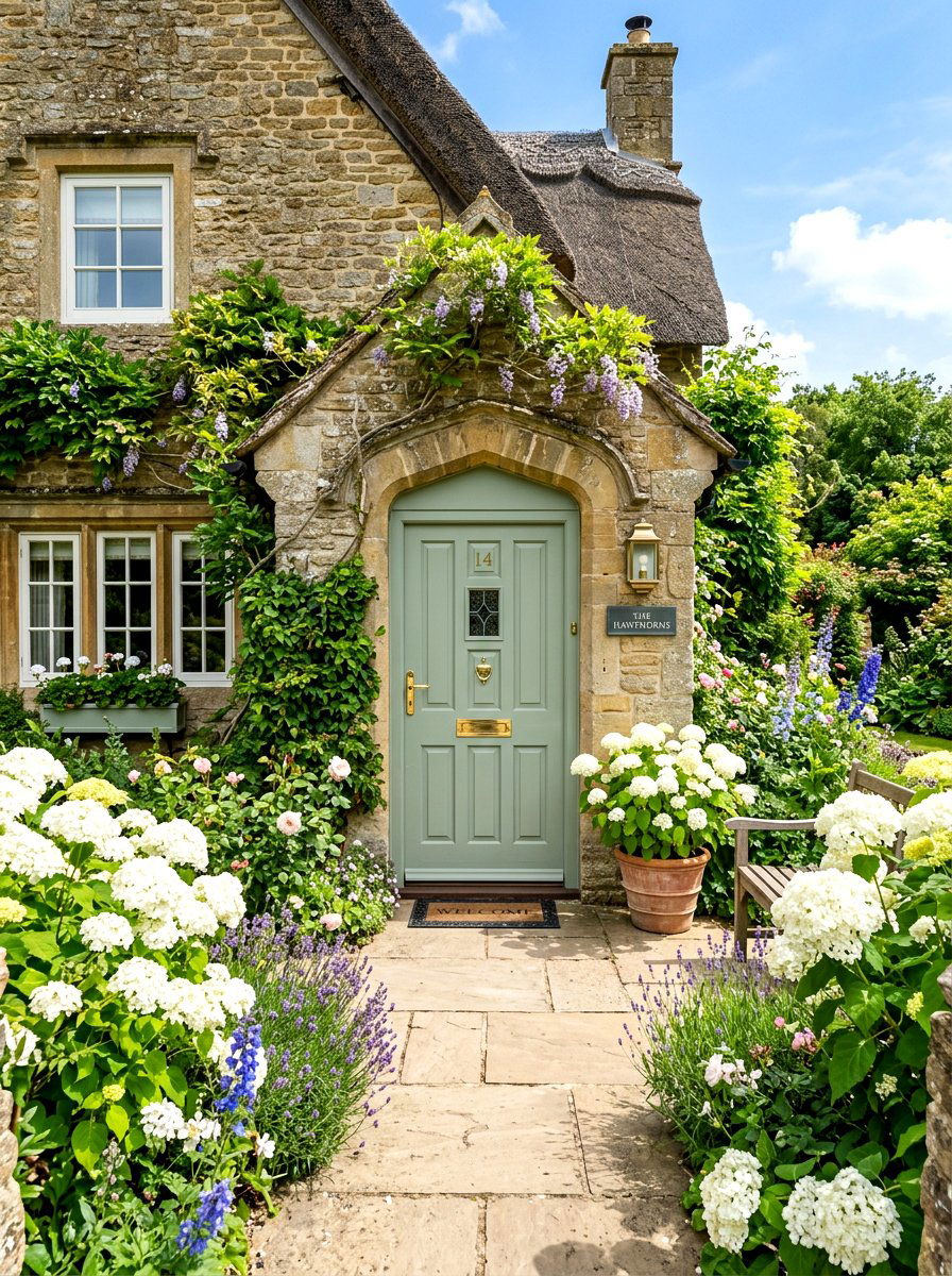Green Front Door Cottage - 30 English cottage front porch ideas