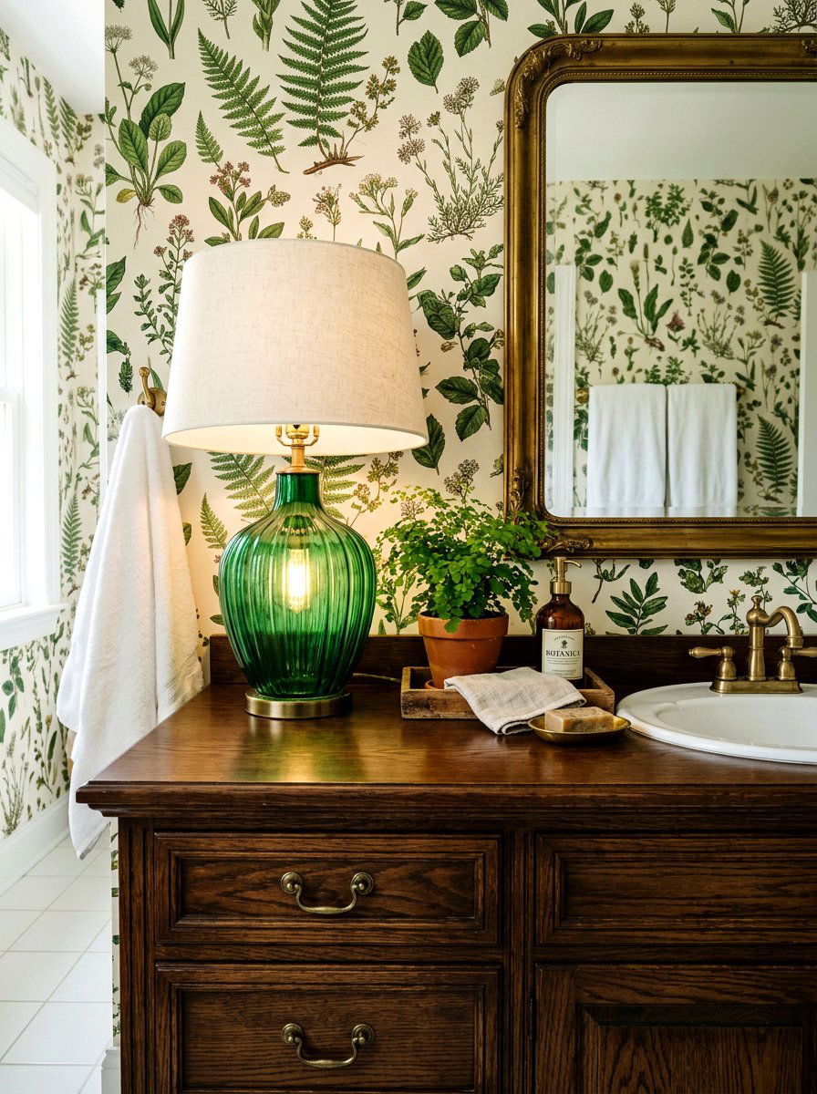 Green Glass Lamp - 30 mini lamp bathroom counter ideas