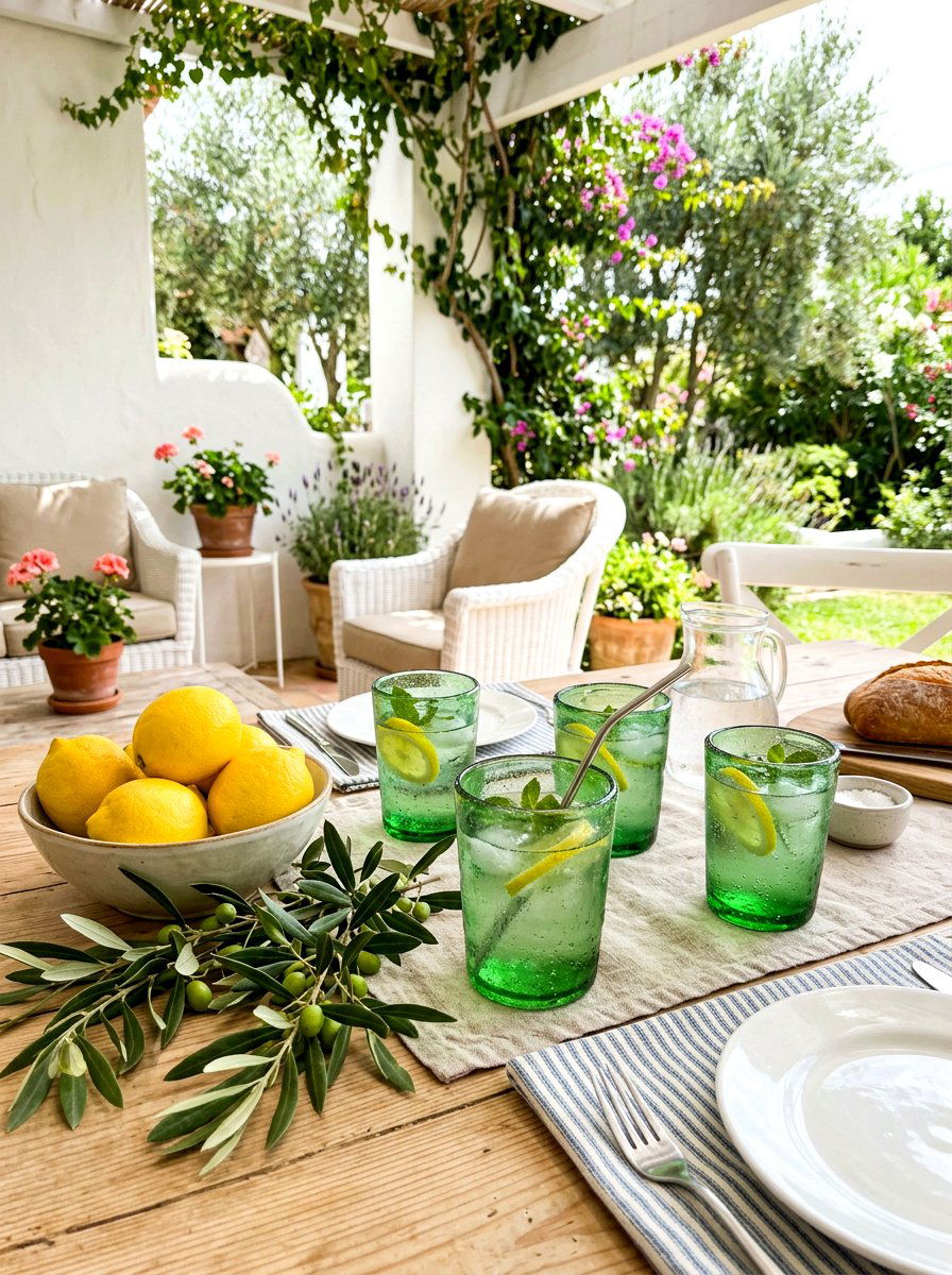 Green Glass Tumblers - 30 lemon and olive summer tablescape ideas