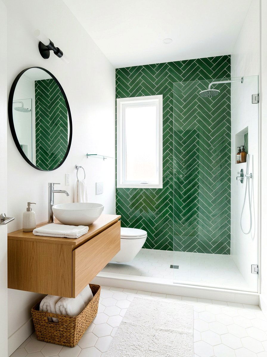 Green Herringbone Tile Bathroom - 30 green and white bathroom ideas