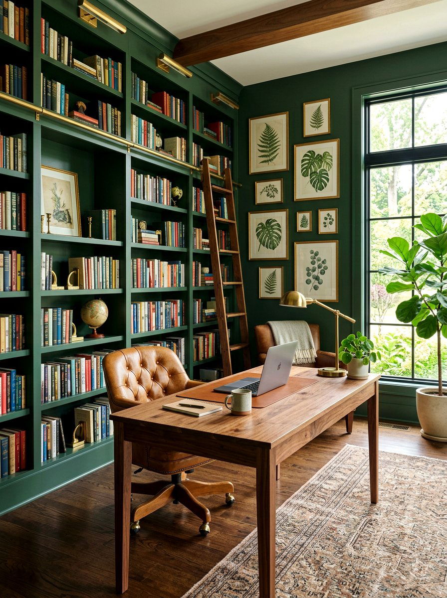 Green Home Library Office - 30 classic office library ideas