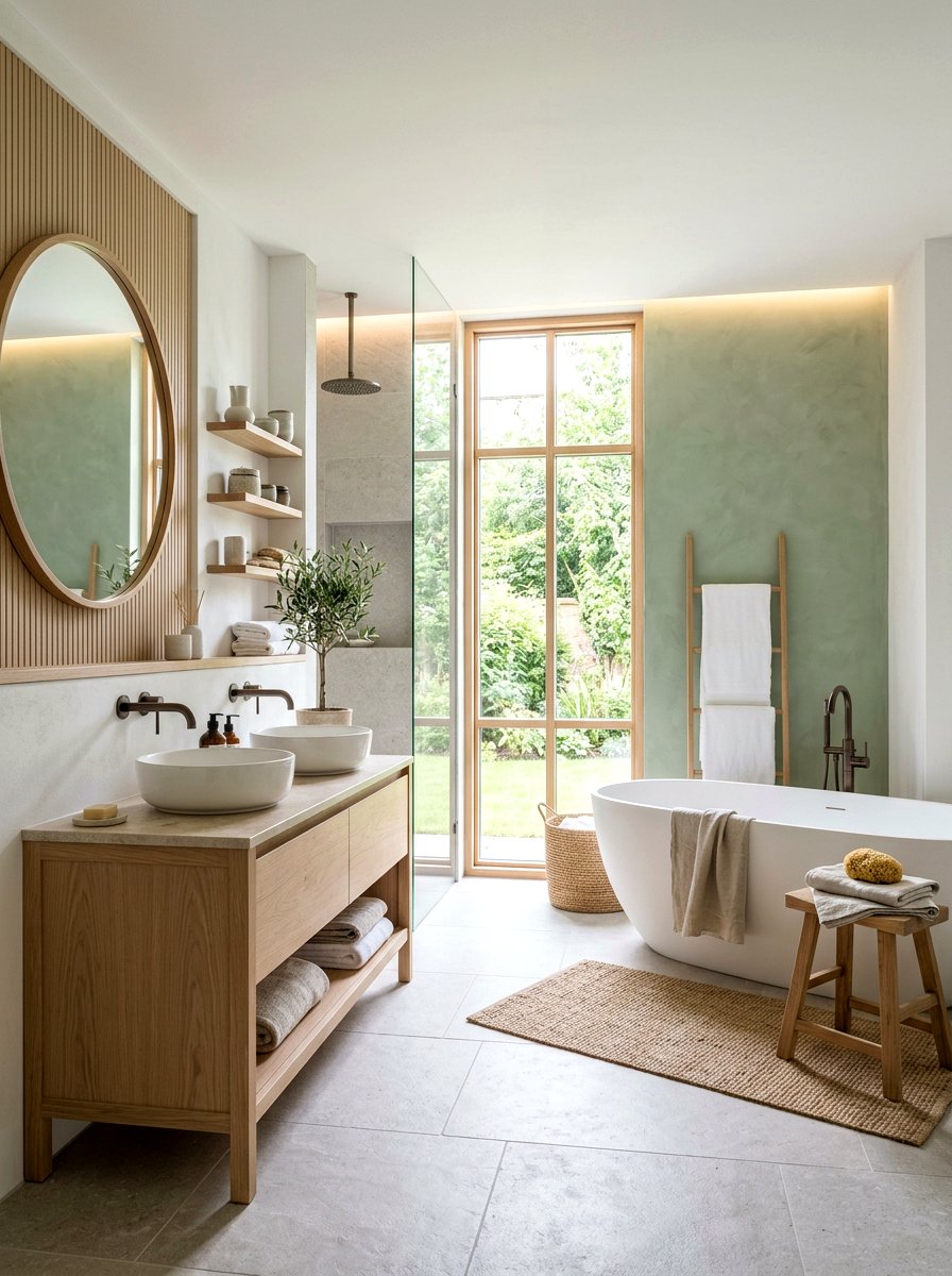 Green Japandi Style Bathroom - 30 green and white bathroom ideas