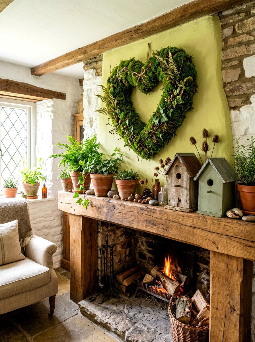 Green Moss Heart Natural Mantel - 30 Valentine mantel ideas