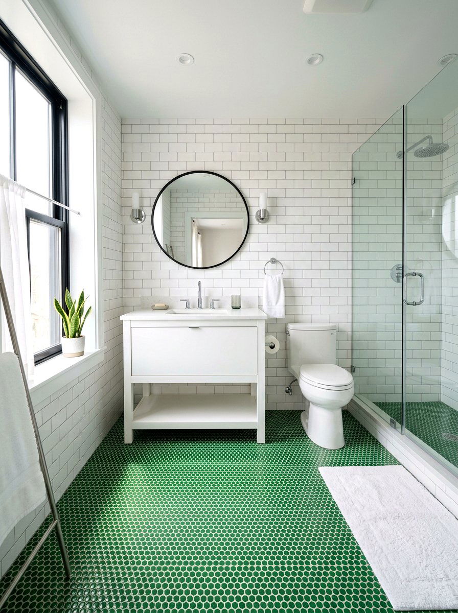 Green Penny Tile Bathroom - 30 green and white bathroom ideas